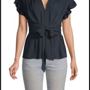 Max Studio Women's Navy Ruffle Sleeve Top L